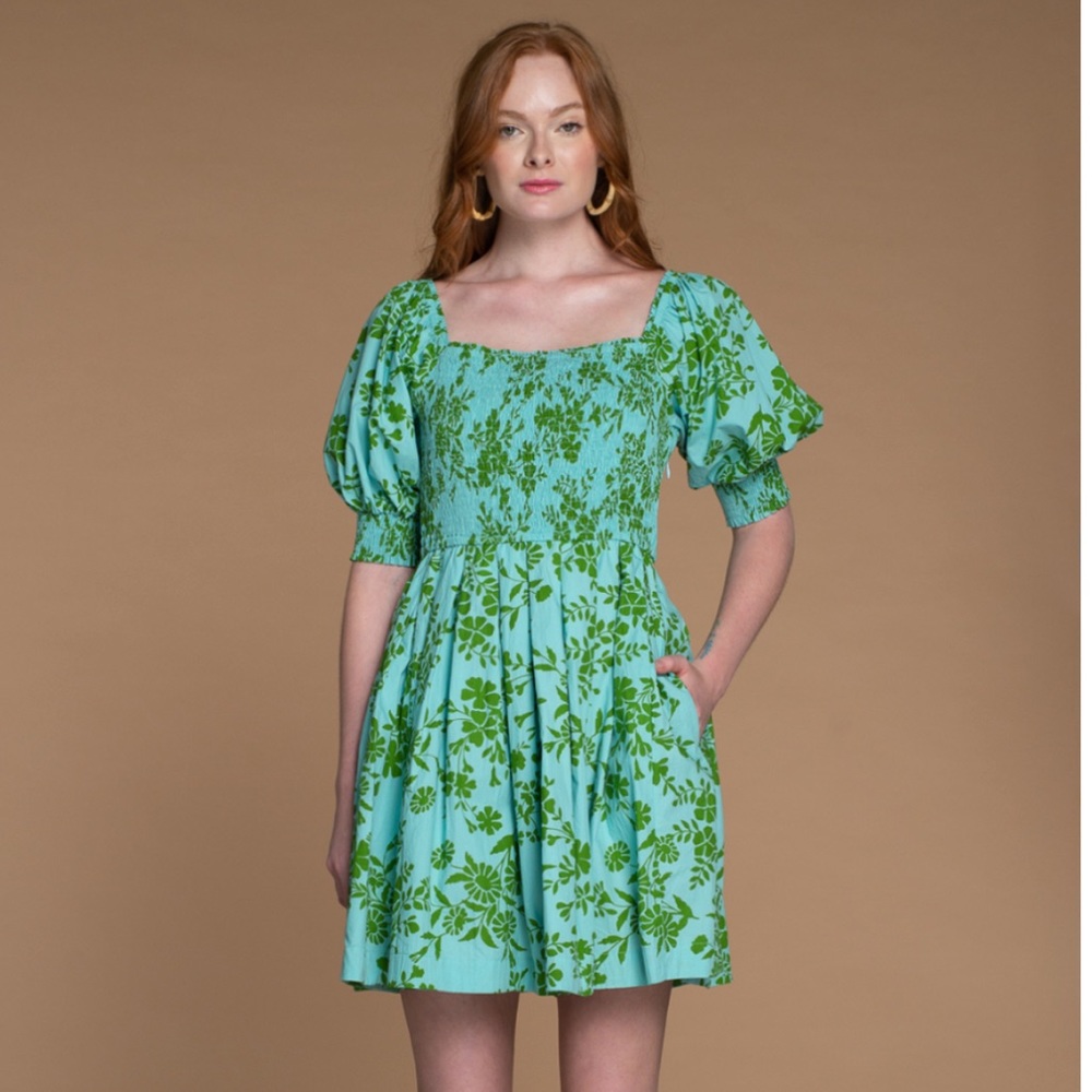 OLIVIA JAMES THE LABEL Mini Dress, Green floral puff sleeves size M